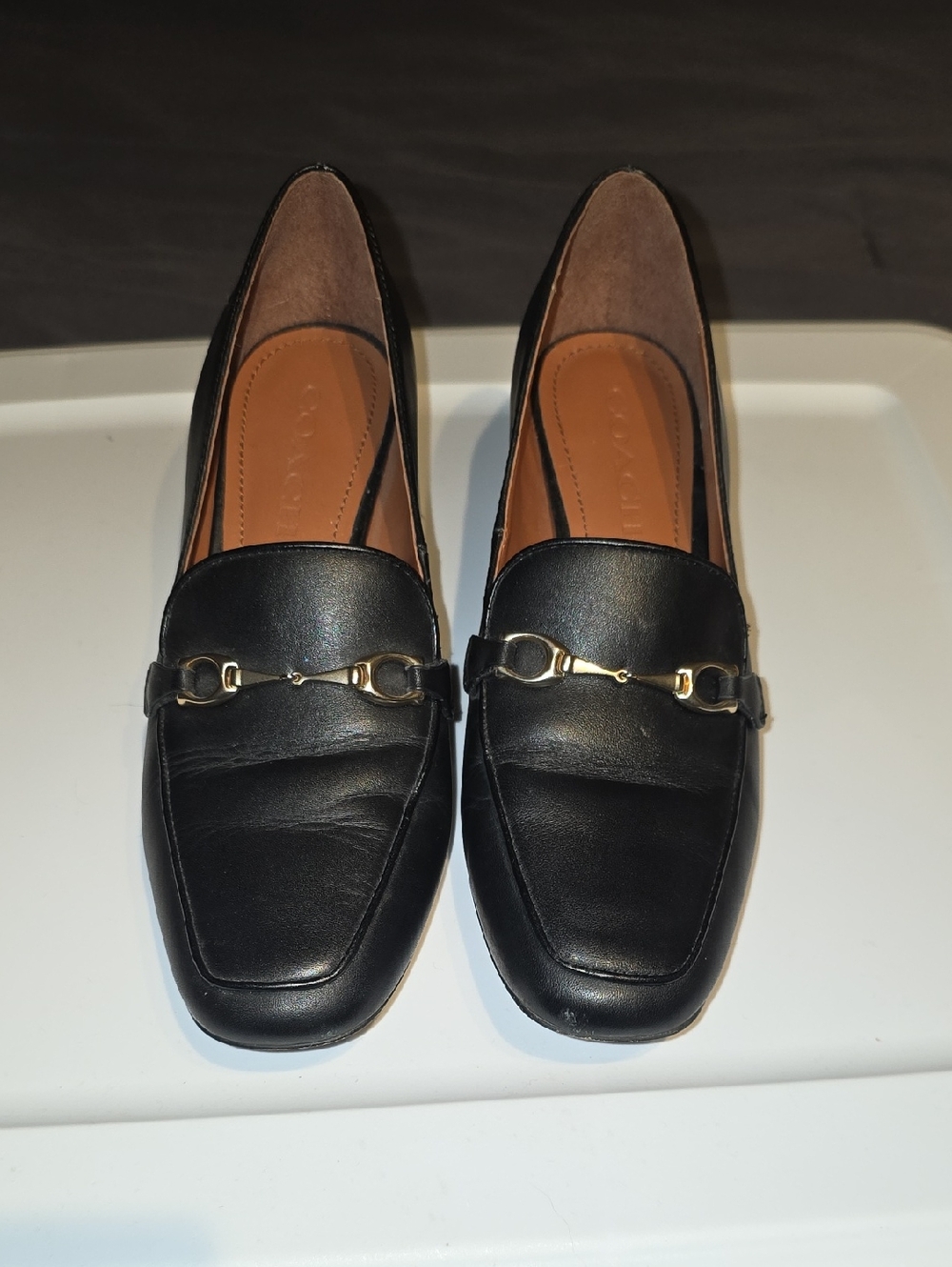 Coach Black Leather Heeled Loafers with Gold Bit